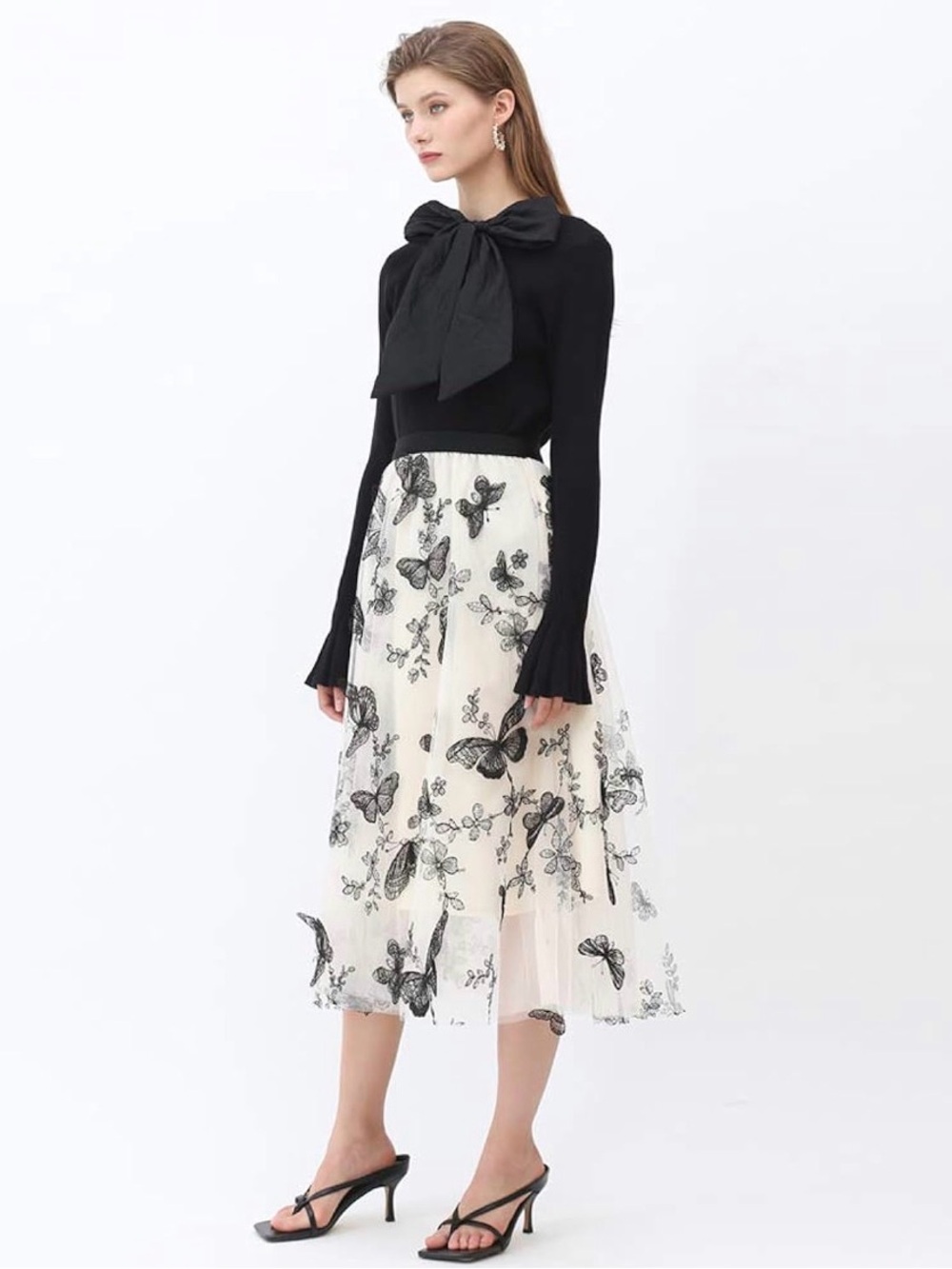 Chicwish Cream Tulle A-Line Skirt with Black Floral Embroidery